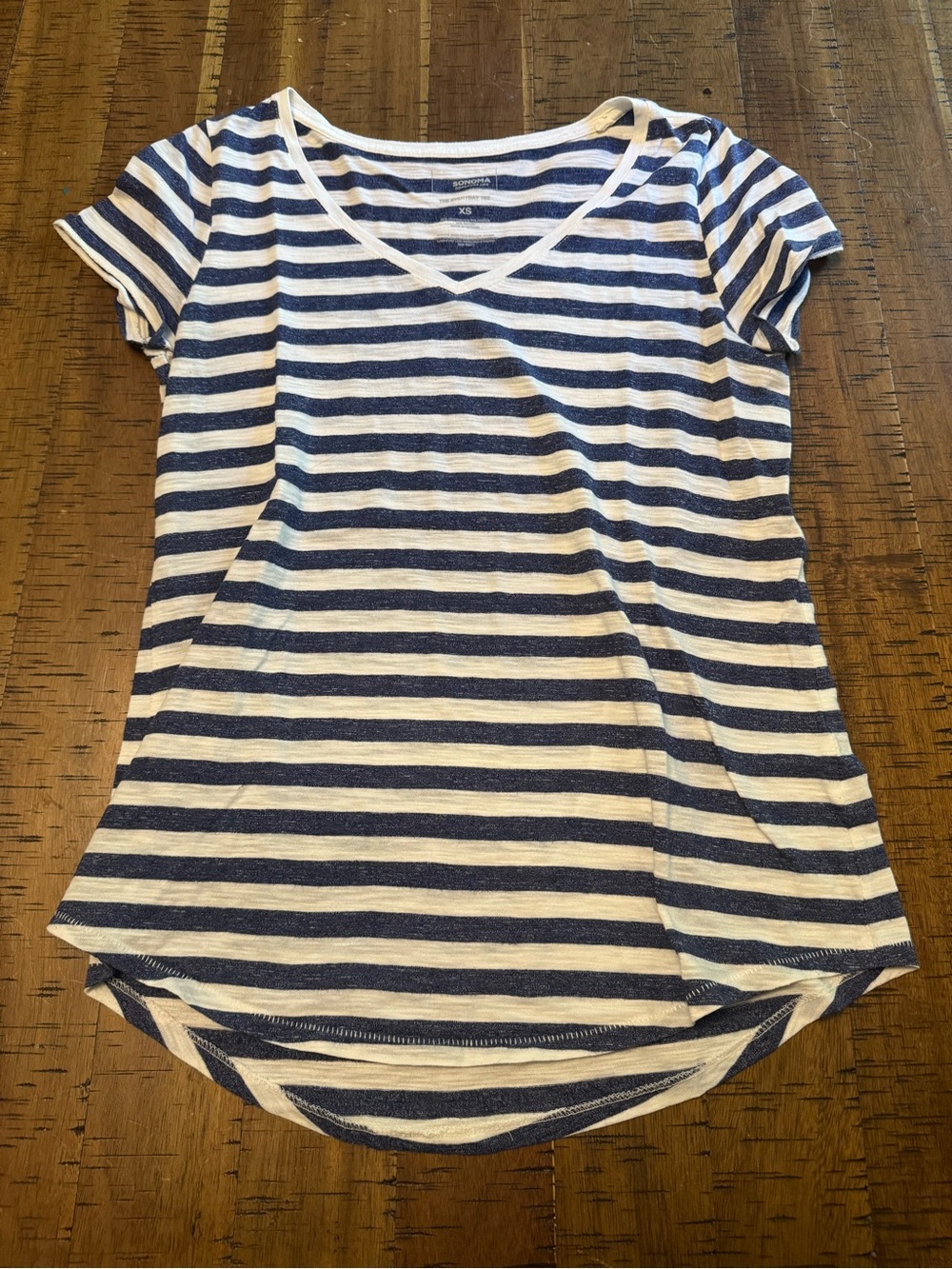 Sonoma Navy and White Striped V-Neck Short Sleeve Tee